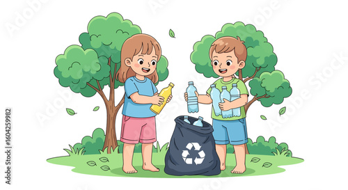 Adobe illustrator artwork vector illustration of kids recycling plastic bottles in a green park, promoting eco-awareness, sustainability, and environmental responsibility for educational campaigns.