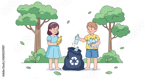 Adobe illustrator artwork vector illustration of kids recycling plastic bottles in a green park, promoting eco-awareness, sustainability, and environmental responsibility for educational campaigns.