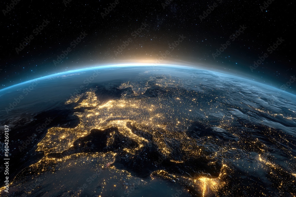 Fototapeta premium Earth's European lights glow at dawn