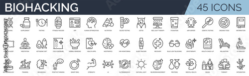 Set of 45 outline icons related to wearable biohacking. Linear icon collection. Editable stroke. Vector illustration