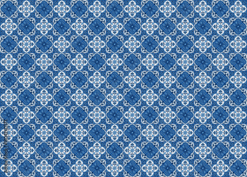 青と白のクラシックタイル模様、アズレージョ風タイル、エレガントなシームレス背景素材01