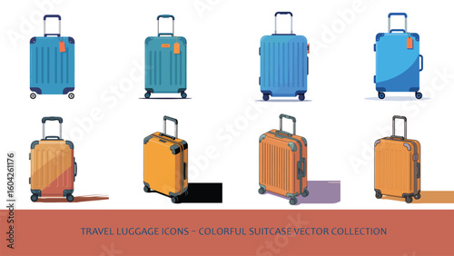 Eight Colorful Suitcases Travel Luggage Icons Vector Collection Different Angles and Views Teal Orange Blue Suitcases with Tags