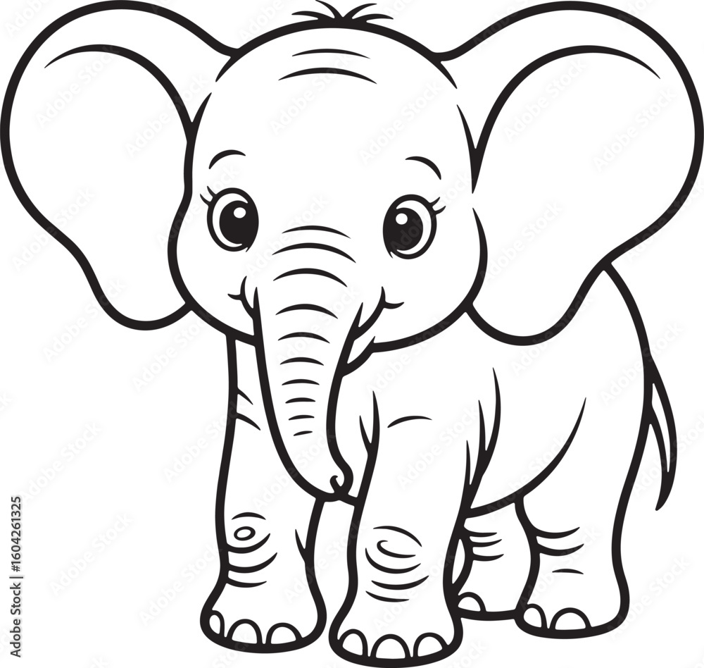 Naklejka premium Cute baby elephant standing with big ears cartoon outline
