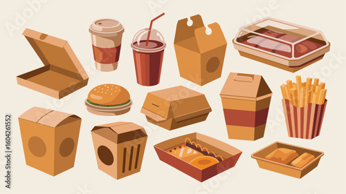 Flat Vector Illustration of Assorted Food Packaging Brown and Red Tones Cardboard Containers Cups Burger Fries