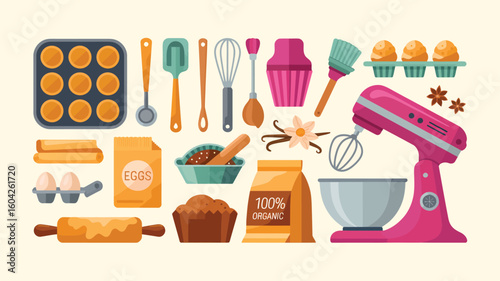Flat Vector Illustration of Baking Utensils and Ingredients Pink Stand Mixer Muffin Tin Cupcake Liner Eggs Flour Sugar Vanilla Bean Brown Sugar