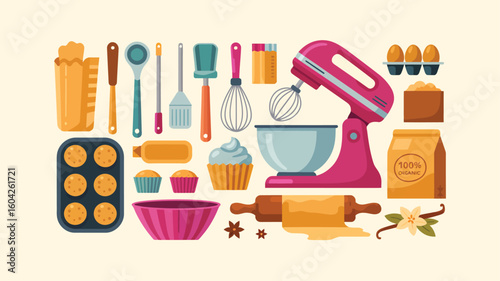 Flat vector illustration of colorful baking tools and ingredients including a pink stand mixer muffin tin cupcakes measuring cups spoons