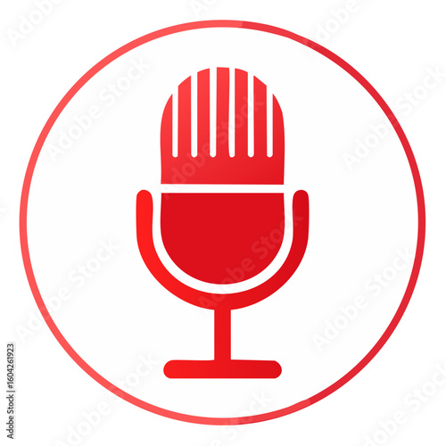 Vibrant red microphone icon in a white circle against black background podcasting audio broadcasting sound recording equipment