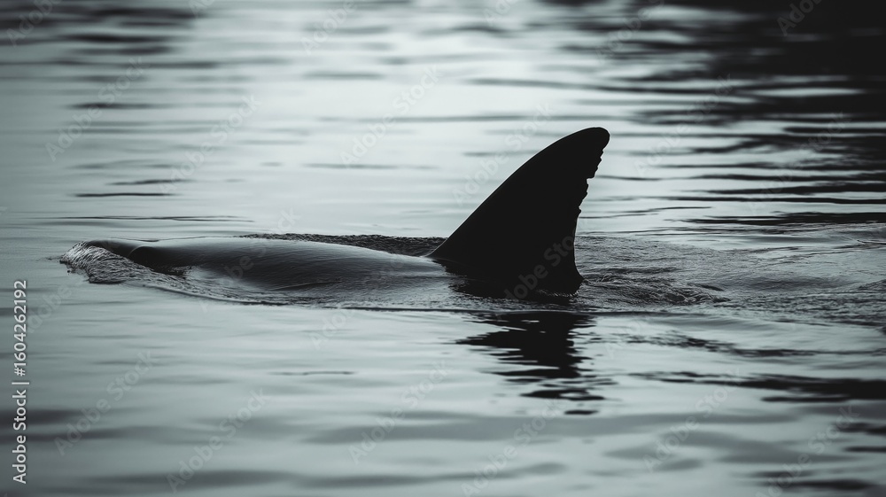 Fototapeta premium Shark fin emerges from tranquil water during dusk, creating a mysterious atmosphere.