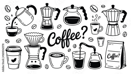 Hand Drawn Black and White Coffee Themed Illustrations Featuring Various Coffee Brewing Methods and Coffee Cups Coffee Beans and a Coffee Bag