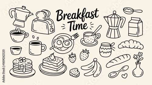 Hand Drawn Blackand White Breakfast Time Illustrations Featuring Coffee Mugs Toast Toaster Pancakes Cake Croissants Bananas Strawberriesand More