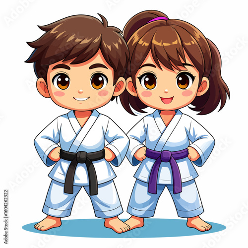 Two cartoon children, a boy and a girl, stand proudly in karate uniforms.