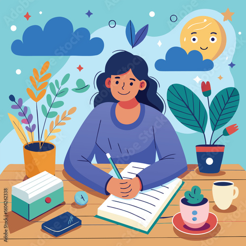 Woman writing in journal surrounded by plants and celestial elements journaling notebook