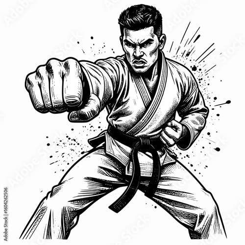 A stylized black and white illustration of a man in a karate uniform throwing a punch, with dynamic ink splatter effects.