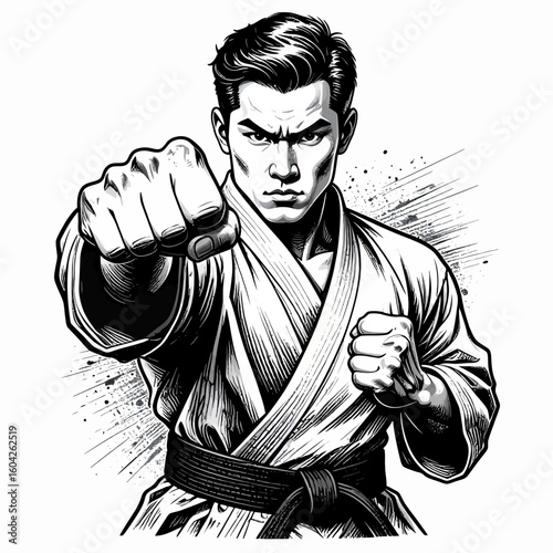 A black and white illustration of a karateka in a powerful punching stance.