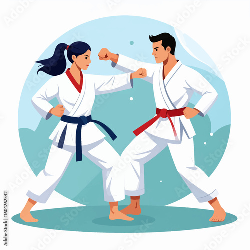 Two martial artists, a man and a woman, face each other in a karate stance, ready to strike.