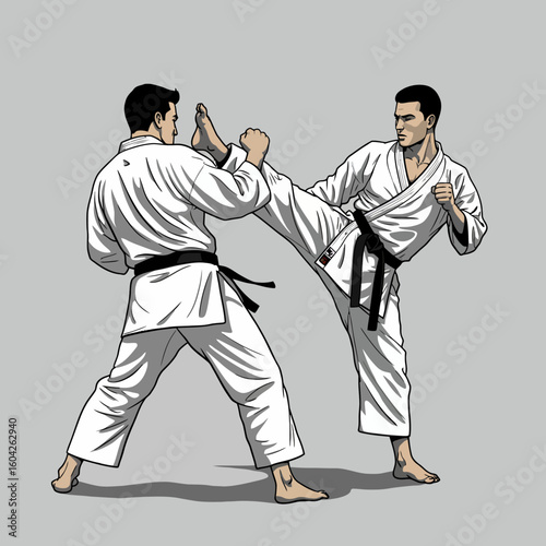 Two men in white karate uniforms practice martial arts, one executing a front kick while the other defends.