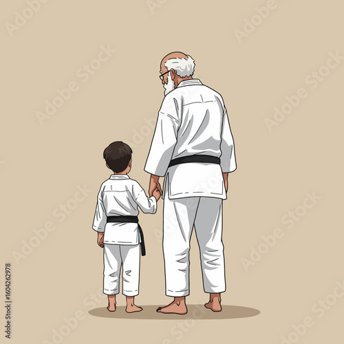 A young boy and his grandfather holding hands, dressed in karate uniforms.