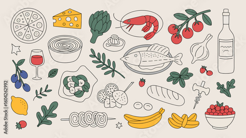 Hand Drawn Food Illustration Set Featuring Pizza Cheese Artichoke Shrimp Fish Wine Olives Mozzarella Bananas Bread and More in Black and