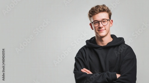 Confident Young Man in Casual Hoodie with Glasses Against a Neutral Background