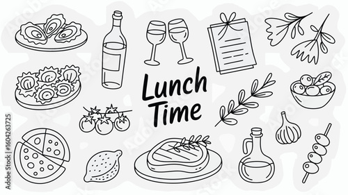 Black and White Doodle Lunchtime Food and Drink Illustrations Wine Bottle Glasses Oysters Pizza Steak Olives Herbs Menu