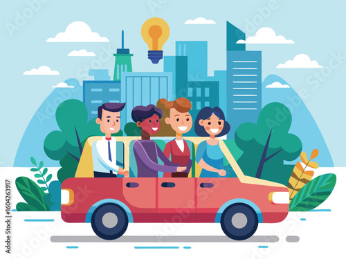 Diverse coworkers carpooling in red vehicle with city skyline and lightbulb red car