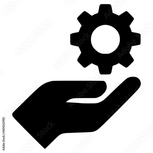 Black silhouette of a hand and cogwheel representing assistance and innovation