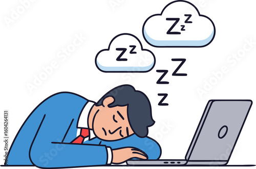 A metaphor for fatigue and the fear of being fired. The person falls asleep with their head on the keyboard, and Zzzs "grow" from their head, symbolizing overwork and the risk of losing their job.