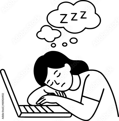A metaphor for fatigue and the fear of being fired. The person falls asleep with their head on the keyboard, and Zzzs "grow" from their head, symbolizing overwork and the risk of losing their job.