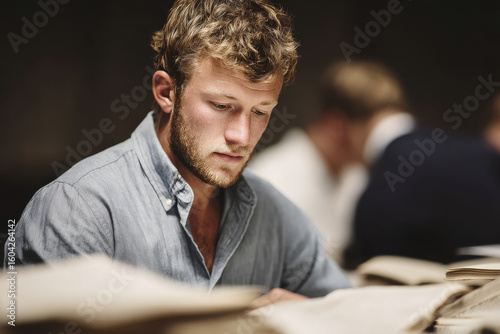 focused linguist deeply engaged in studying text showcasing expression of attentiveness and concentration