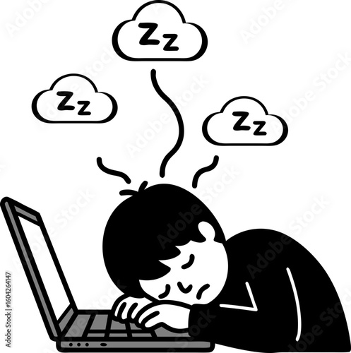 A metaphor for fatigue and the fear of being fired. The person falls asleep with their head on the keyboard, and Zzzs "grow" from their head, symbolizing overwork and the risk of losing their job.