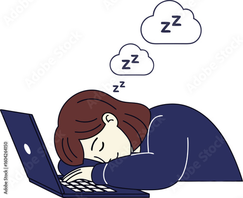 A metaphor for fatigue and the fear of being fired. The person falls asleep with their head on the keyboard, and Zzzs "grow" from their head, symbolizing overwork and the risk of losing their job.