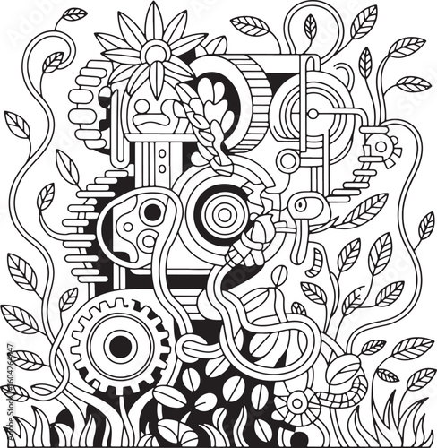 Intricate organic mechanical floral design with gears and leaves black and white