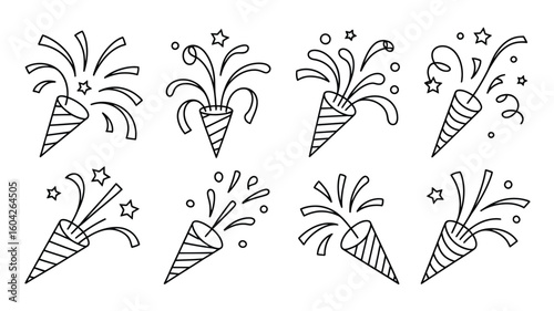 Eight Black and White Line Art Illustrations of Party Poppers Exploding with Confetti Stars and Spirals