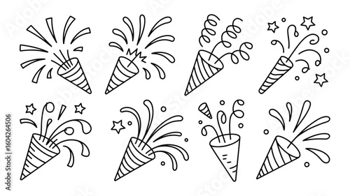 Eight Black and White Line Art Illustrations of Party Poppers Exploding with Confetti and Streamers