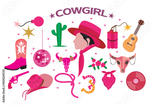 cowgirl pink sticker cute cartoon cowboy elements cactus horse saddle horseshoe sheriff badge guitar pink stickers collection wild west disco club cowgirl set