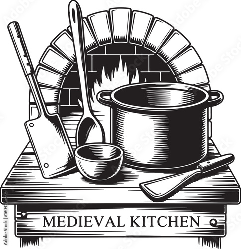 Medieval kitchen scene with cooking utensils and hearth fireplace cooking pot