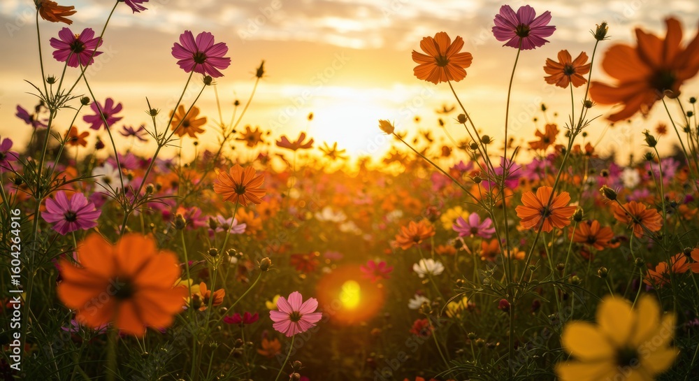 Obraz premium Colorful cosmos flowers blooming in golden sunset light creating natural wildflower meadow. Pink purple orange blossoms in warm lighting. Flower seeds, gardening supplies, landscaping services sale