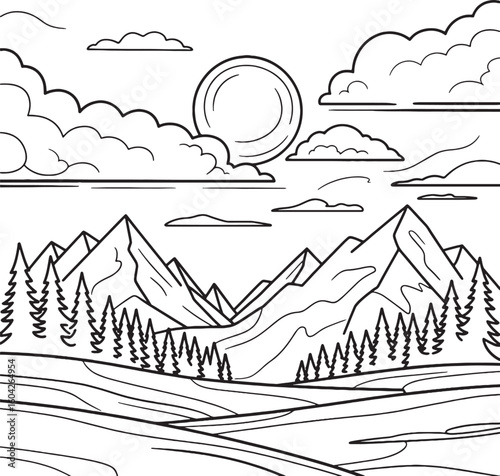 Mountain Landscape with Trees and Sun