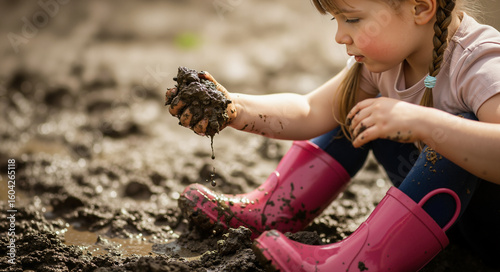 Candid childhood moment of a little girl playing outside on the farm, sitting in wet mud and enjoying herself making a big mess with dirty clothes and pink rain boots