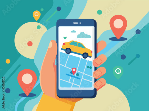 Hand holding smartphone displaying taxi app with map and car technology