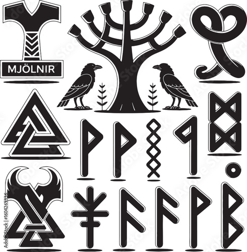 Norse symbols and runes collection mjolnir valknut