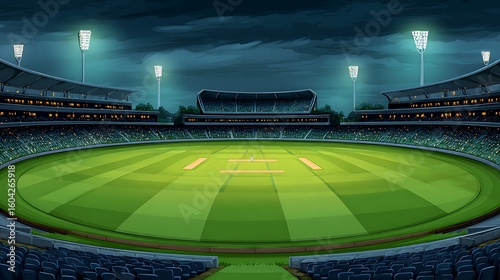 Illuminated cricket stadium at night under cloudy skies