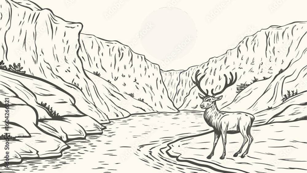 Obraz premium Illustration of a deer standing near a river with mountains and a bright light source in the background scene silhouette