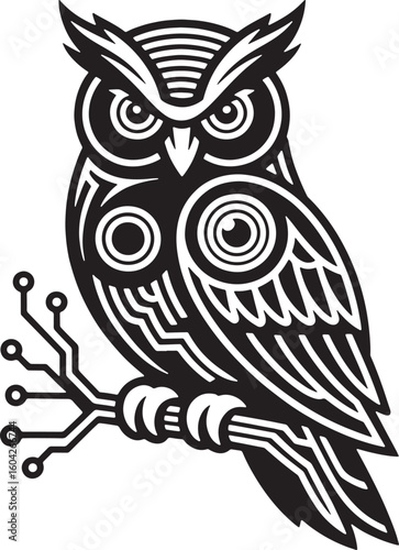 Stylized owl with circuit board branch bird black