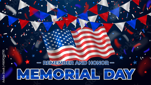 Flags, flying confetti and stars in American national colors - Memorial Day