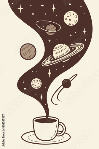 Contemporary vector design where coffee steam becomes a galactic spiral with celestial bodies emerging and floating into the starry universe, ideal for conceptual and technology branding 