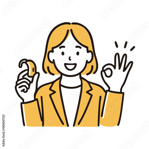 Woman holding hearing aid giving OK sign, minimal line art illustration