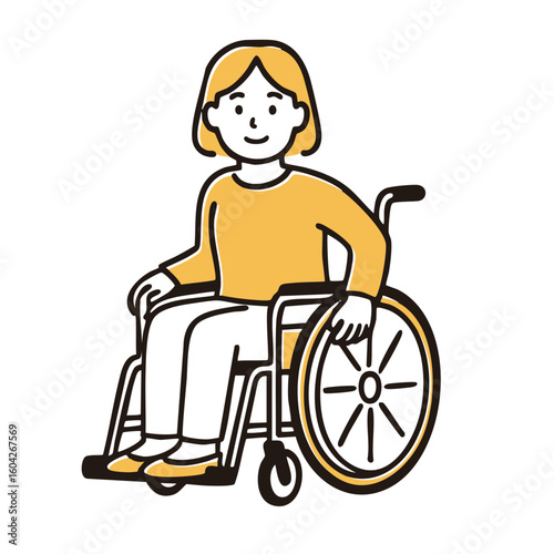 Young woman sitting in wheelchair, minimal line art illustration