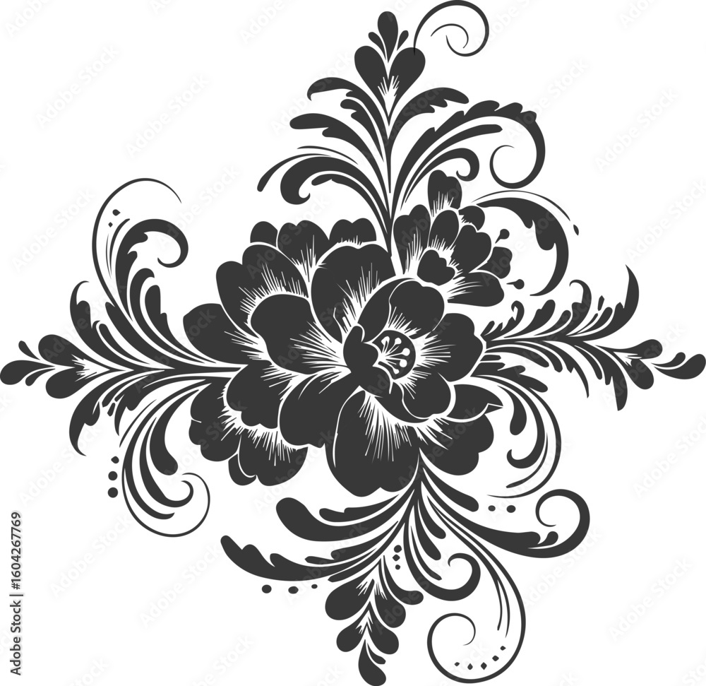 Black and white floral design featuring stylized flowers and swirling leaves.Vector floral design elemen Free Vector