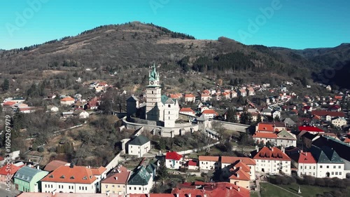 Stunning view of the small town of Kremnica, Slovakia, St Catherine Church, 4k